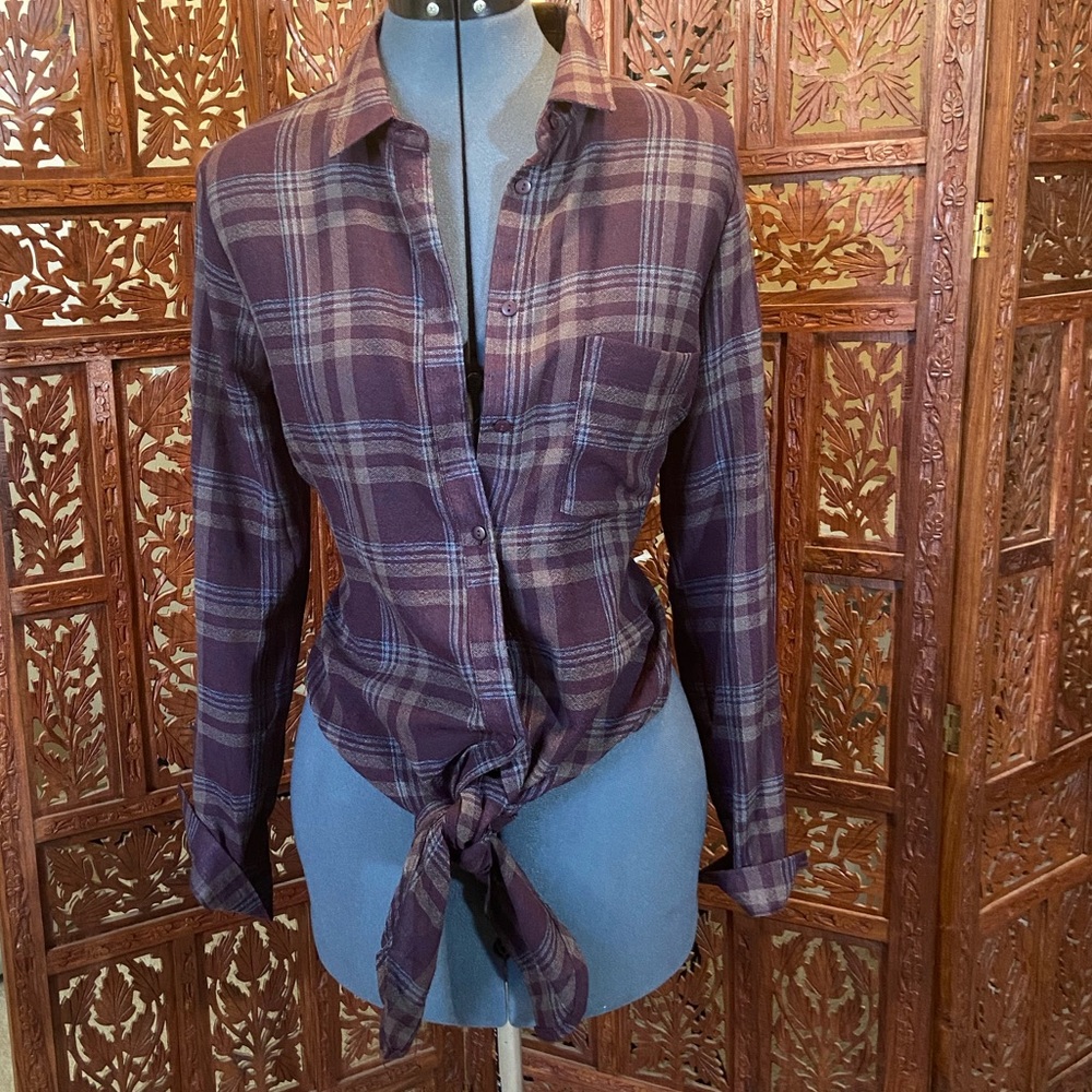 Oversized plaid front tie button down top